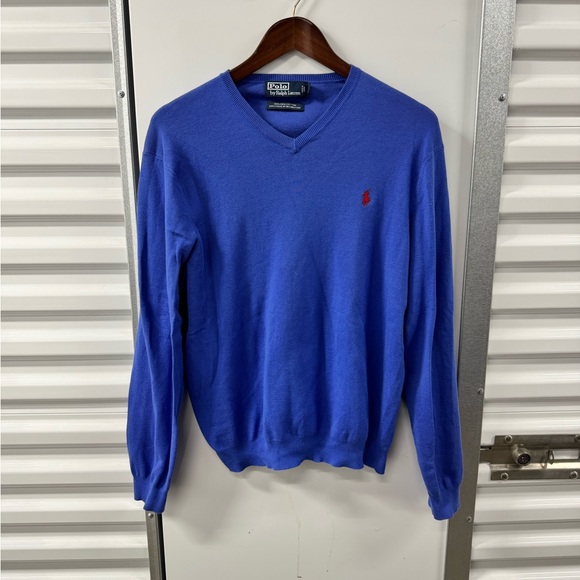 Vintage Polo Ralph Lauren V-Neck Sweatshirt Blue Mens Large Pima Cotton Preppy - Picture 2 of 5